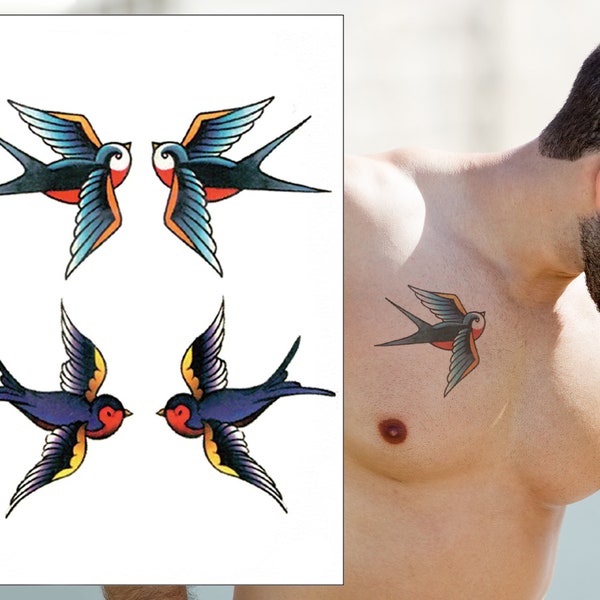 Traditional Swallows Temporary Tattoo Set - Old School Swallow Birds Realistic Waterproof Transfer Sticker Body Art Men Women Kids