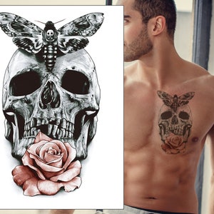 Moth Skull Rose Temporary Tattoo - Death Flower Transfer Black Grey PinkWaterproof Realistic Arm Back Body Art Sticker Mens Womens Kids
