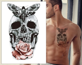 Moth Skull Rose Temporary Tattoo - Death Flower Transfer Black Grey PinkWaterproof Realistic Arm Back Body Art Sticker Mens Womens Kids