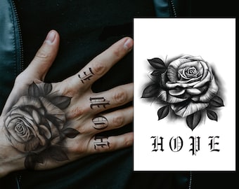 Rose Hand Temporary Tattoo Set, Hope, Letters, Finger, Halloween, Mens, Women's, Kids, Waterproof, Black