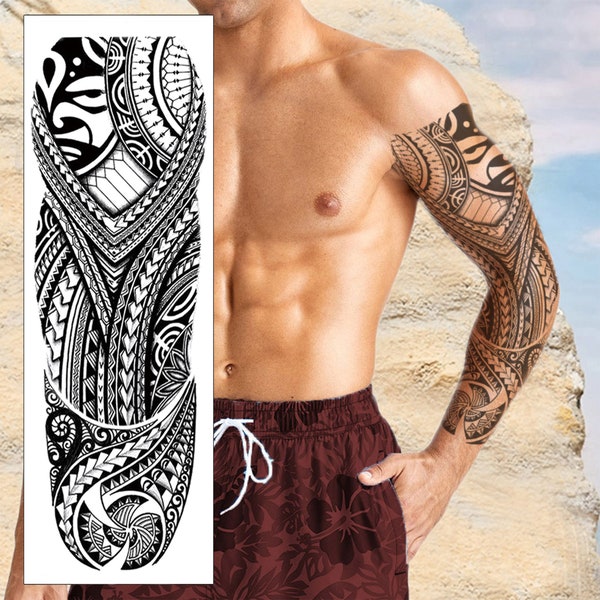 Tatouage temporaire polynésien sur manche - Tribal Maori Samoan bras complet noir transfert imperméable pour homme femme enfant déguisement d'halloween