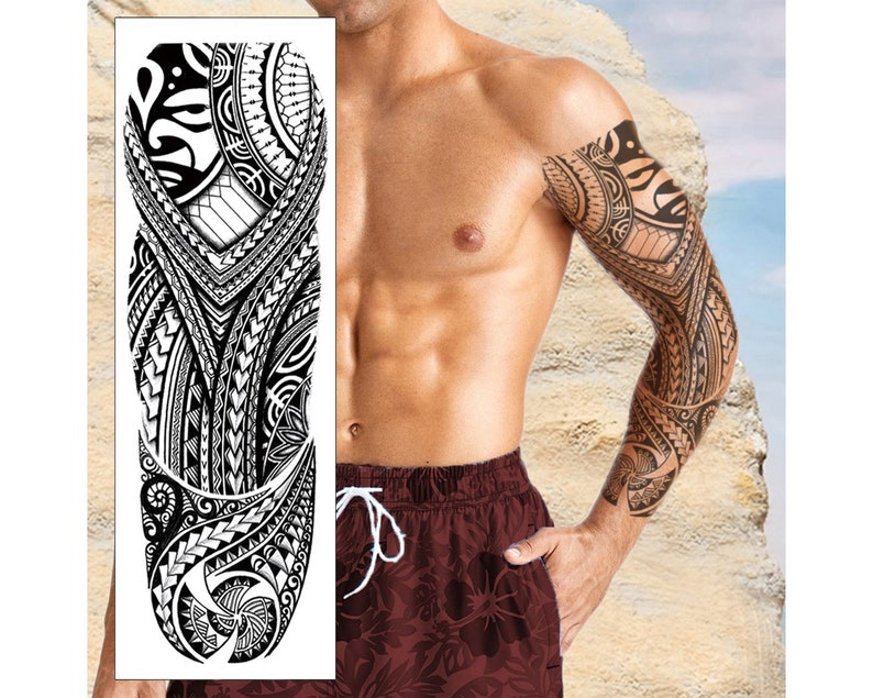 Polynesian Temporary Tattoo Sleeve Tribal Maori Samoan Full Arm Black Waterproof transfer for men Women Kids Halloween Fancy Dress image 1