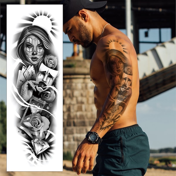 Manchon de tatouage temporaire avec masque chicano - Payasas comédie clown fille bras complet noir transfert imperméable pour homme femme enfant déguisement d'halloween