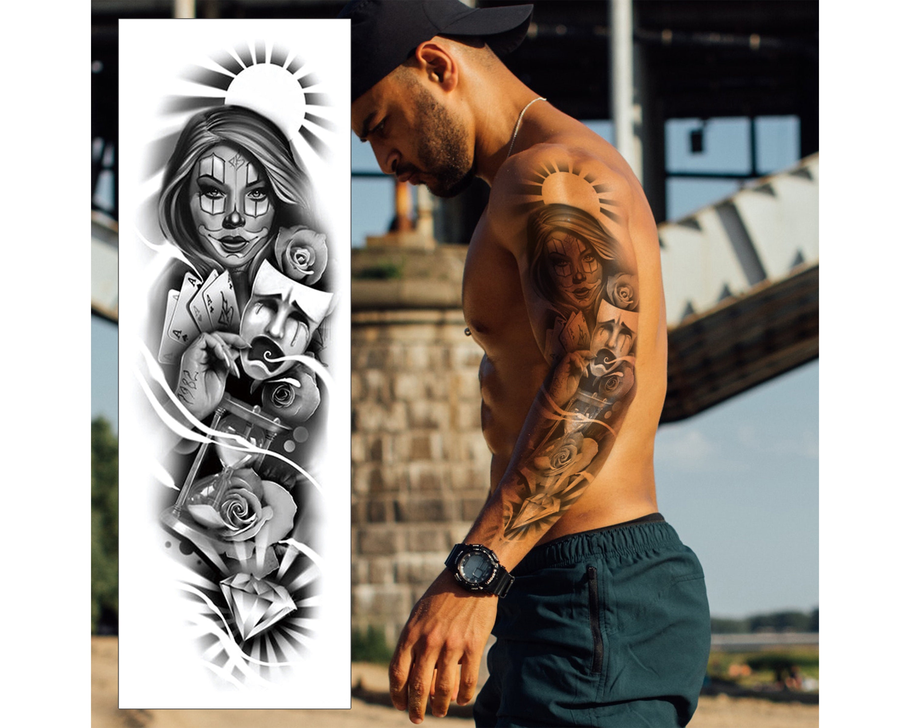 Chicano Mask Temporary Tattoo Sleeve Payasas Comedy Clown Girl Full Arm  Black Waterproof Transfer for Men Women Kids Halloween Fancy Dress -   Portugal