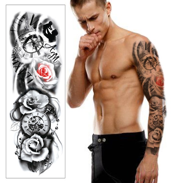 Family Time Temporary Tattoo Sleeve - Clock Rose Full Arm Black Red Waterproof Transfer for Men Women Kids Fancy Dress Fake Tattoo