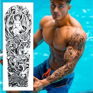 Manga de tatuagem temporária de rosas de anjo, braço inteiro, preto, cinza, transferência à prova d&#39;água para homens, mulheres, crianças, vestido extravagante, tatuagem falsa