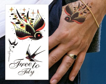 Swallow Temporary Tattoos - 2 Pack Traditional Free to Fly Happiness Bird Quote Hand Fake Tattoo Sticker Transfer Men Women Kids Waterproof