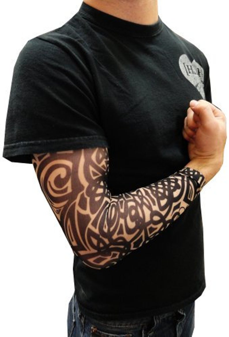 Full sleeve realistic temporary tattoo nylon stocking arm warmer Tribal Celtic Black Pattern Mens Womens Kids Cycling Sports Fancy dress image 6