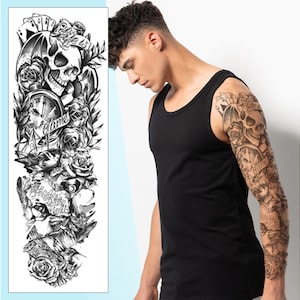 Manchon de tatouage temporaire Life is a Game - Roses crânes noirs bras complet noir transfert imperméable pour hommes femmes enfants Déguisements Halloween