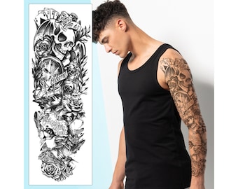 Life is a Game Temporary Tattoo Sleeve - Black Skull Roses Full Arm Black Waterproof Transfer for Men Women Kids Halloween Fancy Dress