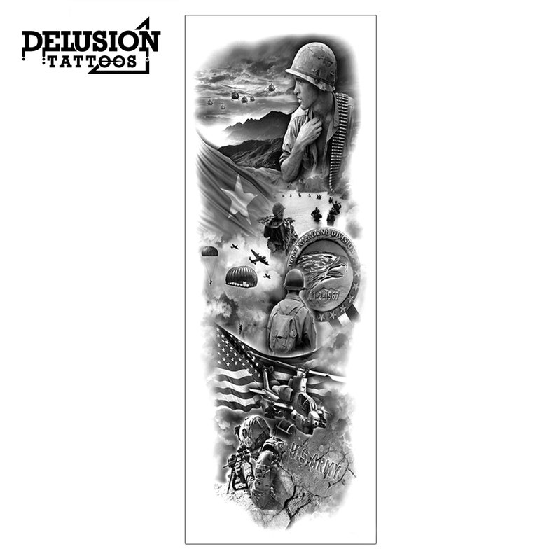 Puede incluir: Dise&ntilde;o de tatuaje en blanco y negro con un soldado con casco mirando hacia la distancia. El dise&ntilde;o incluye una bandera de Estados Unidos, un helic&oacute;ptero y un paraca&iacute;das. El texto "US ARMY" es visible en el dise&ntilde;o.