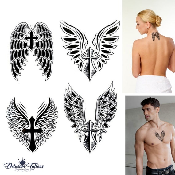 Ailes Dange Tatouage Temporaire De Croix Ensemble De 4 Crucifix Conception Tribale Transfert Faux Dautocollant De Tatouage Hommes Femmes