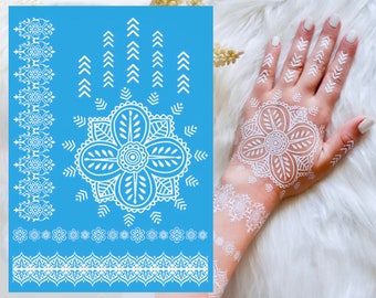 Mandala Plum Blossom White Henna Hand Temporary Tattoo Set - Mehndi Lace Boho EID Realistic Waterproof Transfer Sticker Body Art Women Kids