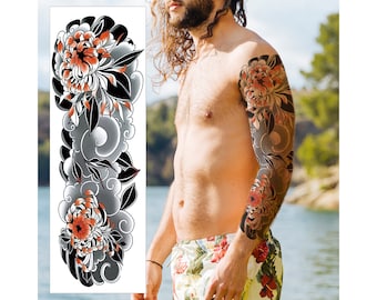 Japanese Lotus Clouds Temporary Tattoo Sleeve - Flowers Smoke Full Arm Black Waterproof Transfer for Men Women Kids Halloween Fancy Dress