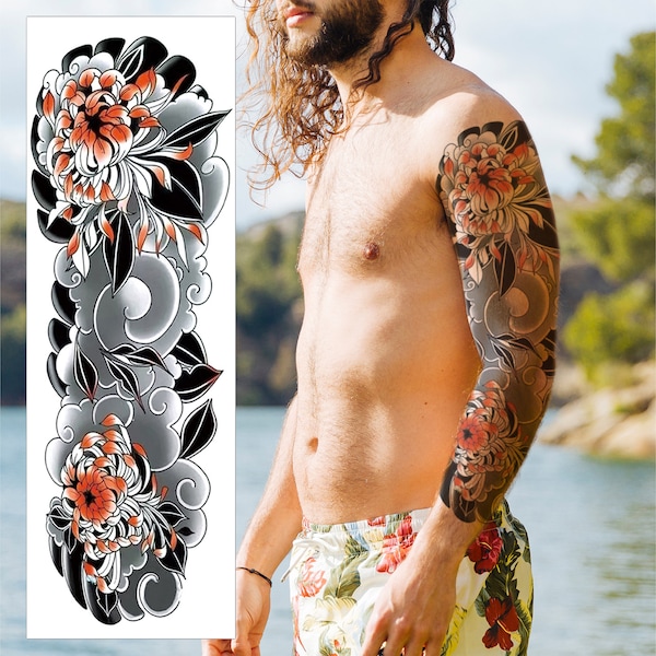 Manchon de tatouage temporaire Lotus Clouds japonais - Fleurs fumées, bras complet, noir, transfert imperméable pour homme, femme, déguisement d'Halloween