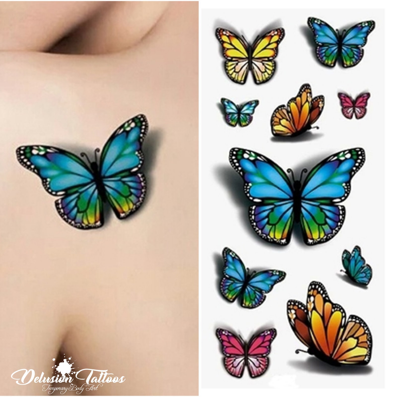 3D Butterfly Temporary Tattoos Set of 10 Black Pink Blue Etsy