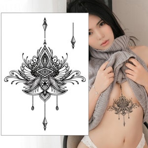 Lotus Mandala Gem Chains Temporary Tattoo - Underboob Sternum Chest Thigh  Mandala Women Kids Waterproof Fake Transfer