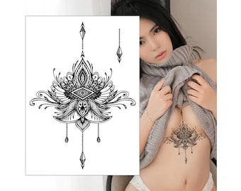Lotus Mandala Gem Chains Temporary Tattoo - Underboob Sternum Chest Thigh  Mandala Women Kids Waterproof Fake Transfer