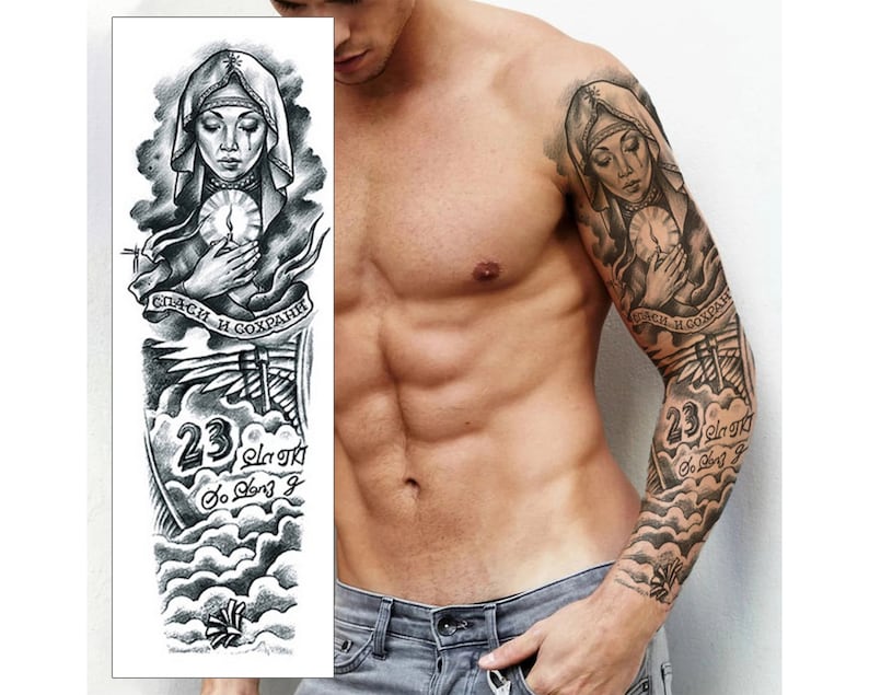 David Beckham Inspired Temporary Tattoo Sleeve Angel 23 Black Grey ...
