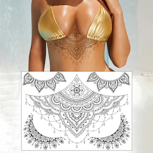 Zestaw tymczasowych tatuaży Lotus Mandala - duży czarny łańcuszek z henny w kształcie łzy arabski na klatkę piersiową mostek plecy wodoodporny tatuaż na ciało kobiety