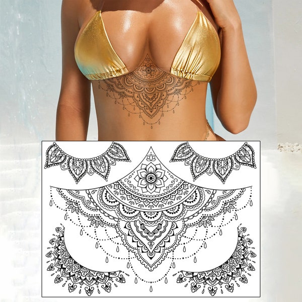 Lotus Mandala Temporary Tattoo Set -  Large Black Henna Chain Tear Drop Arabic For Underboob Chest Sternum Back Waterproof Body Art Womens