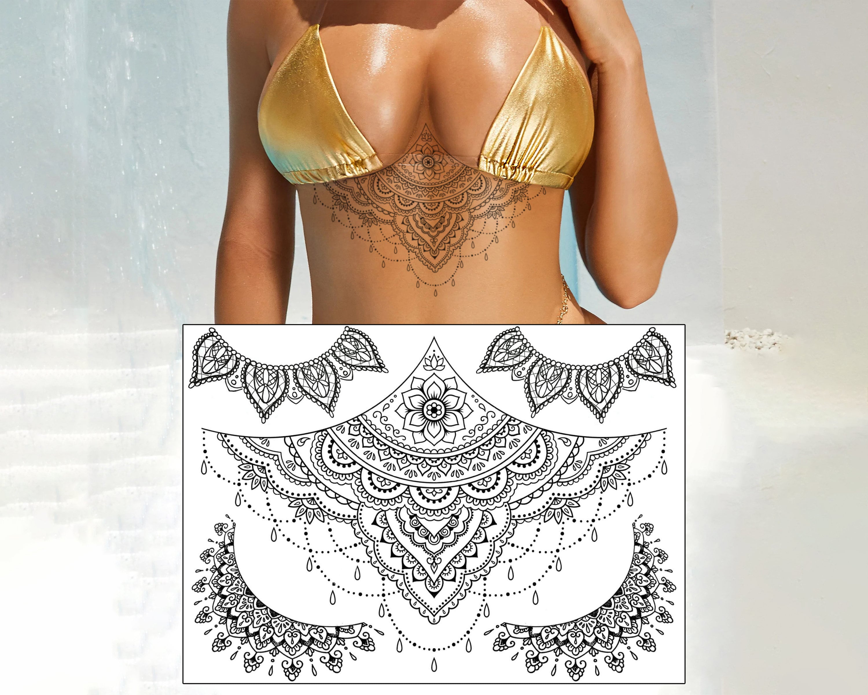 Lotus Mandala Temporary Tattoo Set -  Large Black Henna Chain Tear Drop Arabic For Underboob Chest Sternum Back Waterproof Body Art Womens