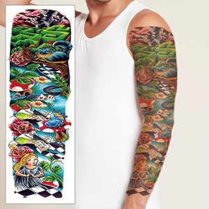 Manga de tatuaje temporal de Alicia en el país de las maravillas - Disney Mad Hatter Brazo completo Transferencia impermeable para hombres Mujeres Niños Disfraces Tatuaje falso