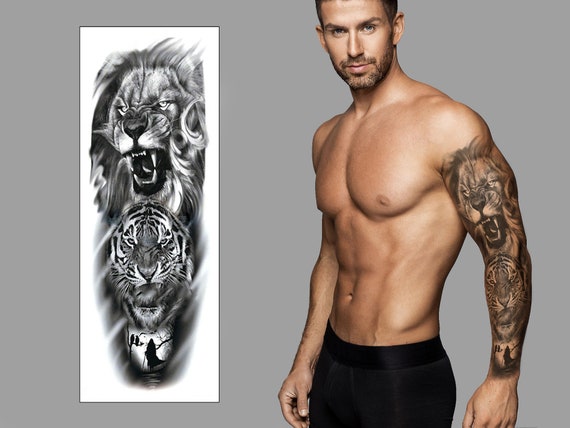 Lion And Tiger Temporary Tattoo Sleeve Big Cats Full Arm Etsy