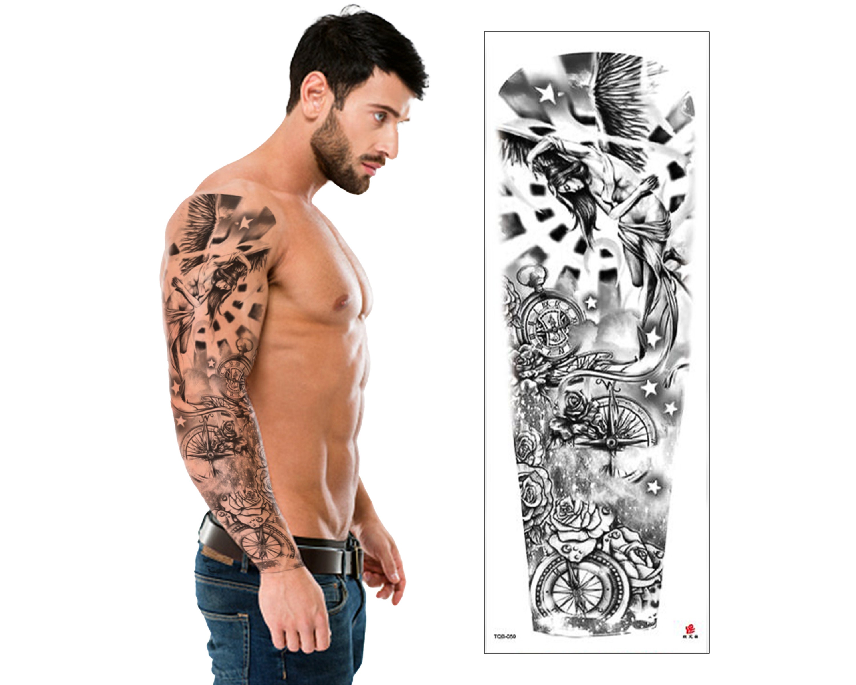Full Sleeve Realistic Temporary Tattoo Angel Sun Ray Clock - Etsy Full Sleeve Realistic Temporary Tattoo Angel Sun Ray Clock - Etsy