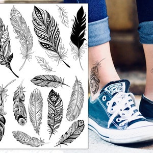 Black Feathers Temporary Tattoo Set - Boho Realistic Waterproof Transfer Sticker Body Art Men Women Kids
