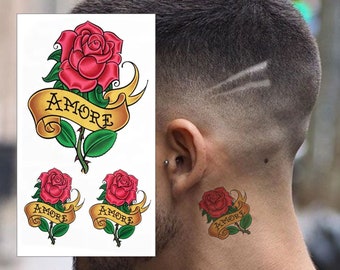 Rose Amore Temporary Tattoos - 2 Pack Traditional Floral Tattoo Men Women Kids Transfer Stickers Waterproof