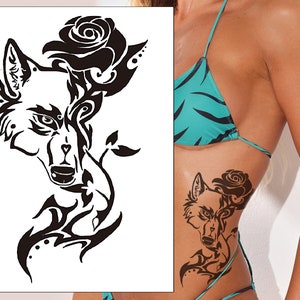 Wolf & Rose Temporary Tattoo - Black Transfer Sticker Waterproof Stencil Men Women Kids