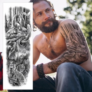Engel im Wald temporäres Tattoo-Ärmel - Wolf Fuchs Eule Voll Arm Schwarz Wasserdicht Transfer für Herren Damen Kinder Halloween Kostüm