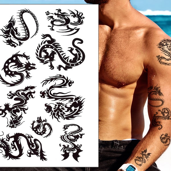 Ensemble de tatouage temporaire dragon tribal - Autocollant de transfert imperméable réaliste oriental chinois noir, art corporel hommes femmes enfants
