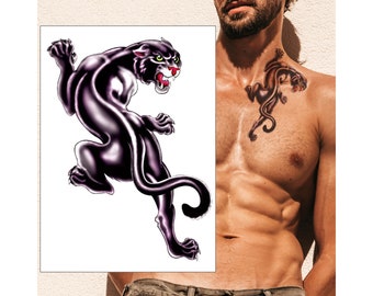 Black Panther Temporary Tattoo - Traditional Old School Chest Neck Arm Leg Shoulder Women Kids Waterproof Fake Transfer Tattoo