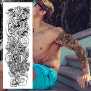 Chinesischer Drache & Blumen Temporäre Tattoo-Hülle - Voller Arm Schwarz Wasserdicht Transfer für Männer Frauen Kinder Halloween Kostüm
