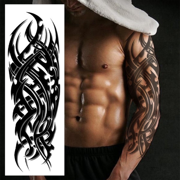 Samoan Tribal Shadow temporäres Tattoo-Hülle - Maori Polynesian voller Arm Schwarz Wasserdichter Transfer für Herren Damen Kinder Halloween Kostüm