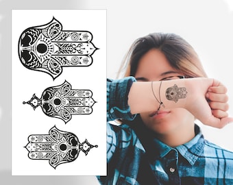 Hamsa Hand Temporary Tattoos - 2 Pack Lucky Protective Palm Pattern Black Finger Hand Men Women Kids Waterproof