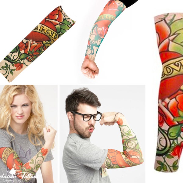 Full sleeve realistic temporary tattoo nylon stocking arm warmer True Love Red Roses Mens Womens Kids Cycling Sports Fancy dress