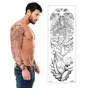 Angel in the Clouds Temporary Tattoo Sleeve - Full Arm Black Grey Shading Waterproof Transfer for Men Women Kids Fancy Dress Fake Tattoo