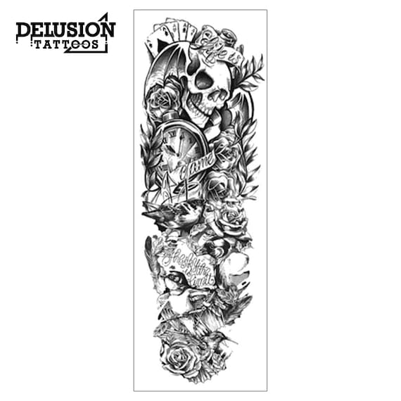 Life is a Game Temporary Tattoo Sleeve - Black Skull Roses Full Arm Black  Waterproof Transfer for Men Women Kids Halloween Fancy Dress - Etsy