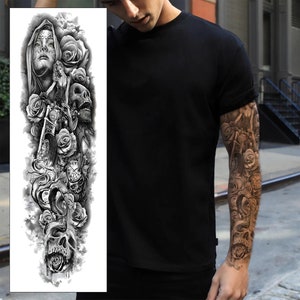 Tatuaggio temporaneo Santa Muerte Biker - Rose Teschio Braccio intero Nero Grigio Impermeabile Trasferimento per Uomini Donne Bambini Travestimento Tatuaggio finto