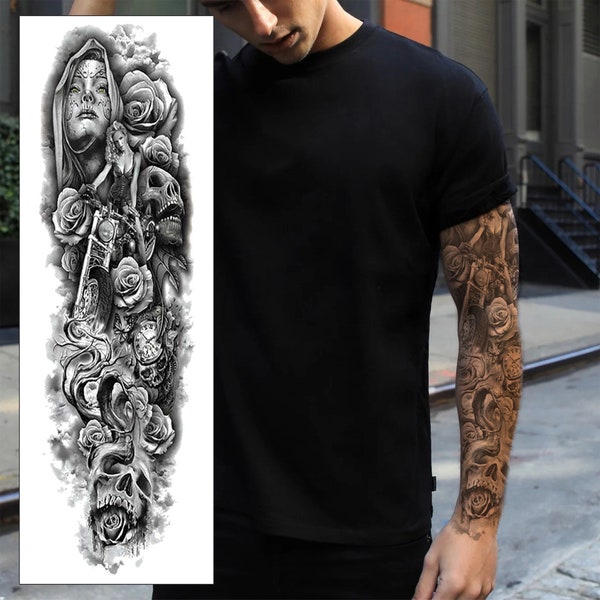 Manchon de tatouage temporaire motard Santa Muerte - Roses crâne bras complet noir gris transfert imperméable pour homme femme enfant déguisement faux tatouage