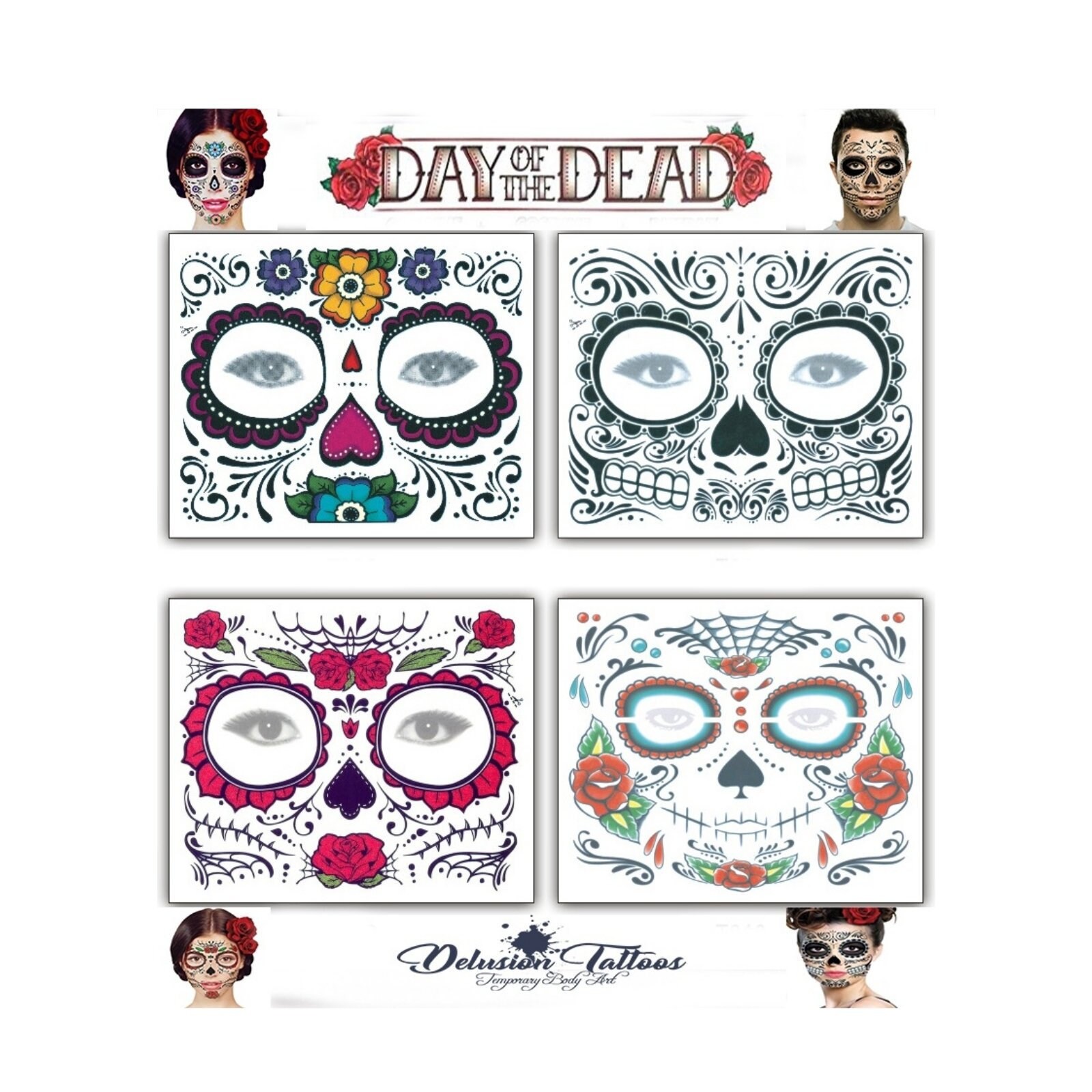 Day of the Dead Sugar Skull Mask Face Temporary Tattoo Sets - 4 Desig…