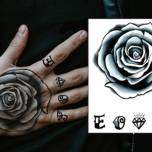 Rose Hand Temporary Tattoo Set, Symbols, Letters, Finger, Love, Halloween, Mens, Women&#39;s, Kids, Waterproof, Black, Grey