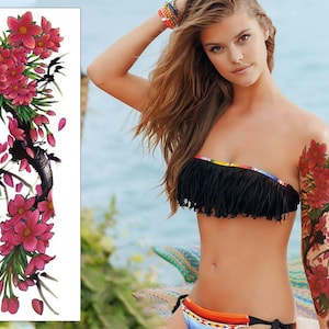 Cherry Blossoms Temporary Tattoo Sleeve - Womens Chinese ink Japanese for Arm or Leg Waterproof Floral Transfer Sticker Large
