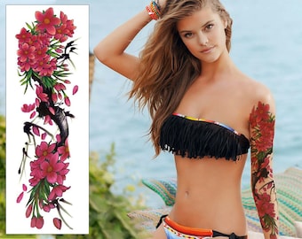 Cherry Blossoms Temporary Tattoo Sleeve - Womens Chinese ink Japanese for Arm or Leg Waterproof Floral Transfer Sticker Large