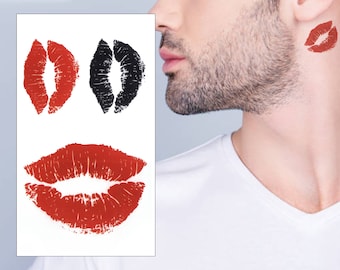 Lipstick Mark Kiss Temporary Tattoo Set (2 Pack) - Small Red Black Realistic Waterproof Transfer Sticker Arm Neck Body Art Men Women Kids