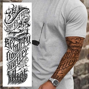Manga de tatuaje temporal con citas de la suerte, letras de brazo completo, transferencia impermeable en negro y gris para hombres, mujeres y niños, vestido elegante, tatuaje falso