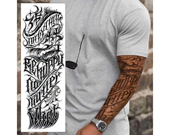 Lucky Quotes Temporary Tattoo Sleeve - Letters Full Arm Black Grey Waterproof Transfer for Men Women Kids Fancy Dress Fake Tattoo